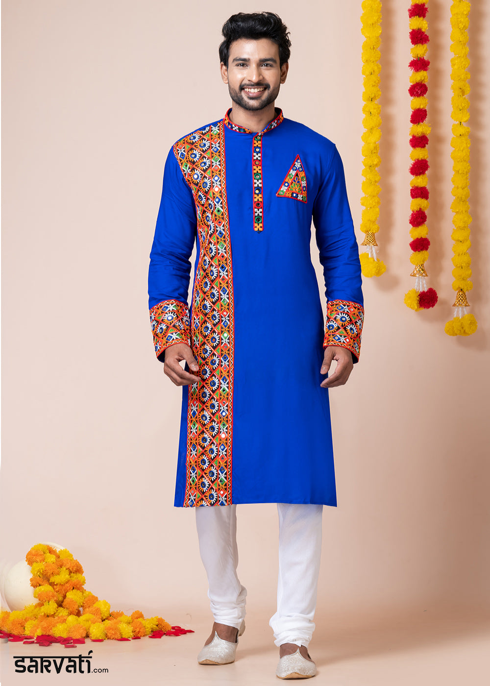 Blue Heritage Collection Heavy Rayon Kurta Pyjama with Divine Ganesh Back Embroidery &amp; Multicolor Border Detailing