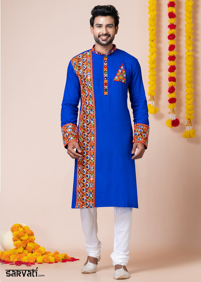Blue Heritage Collection Heavy Rayon Kurta Pyjama with Divine Ganesh Back Embroidery & Multicolor Border Detailing