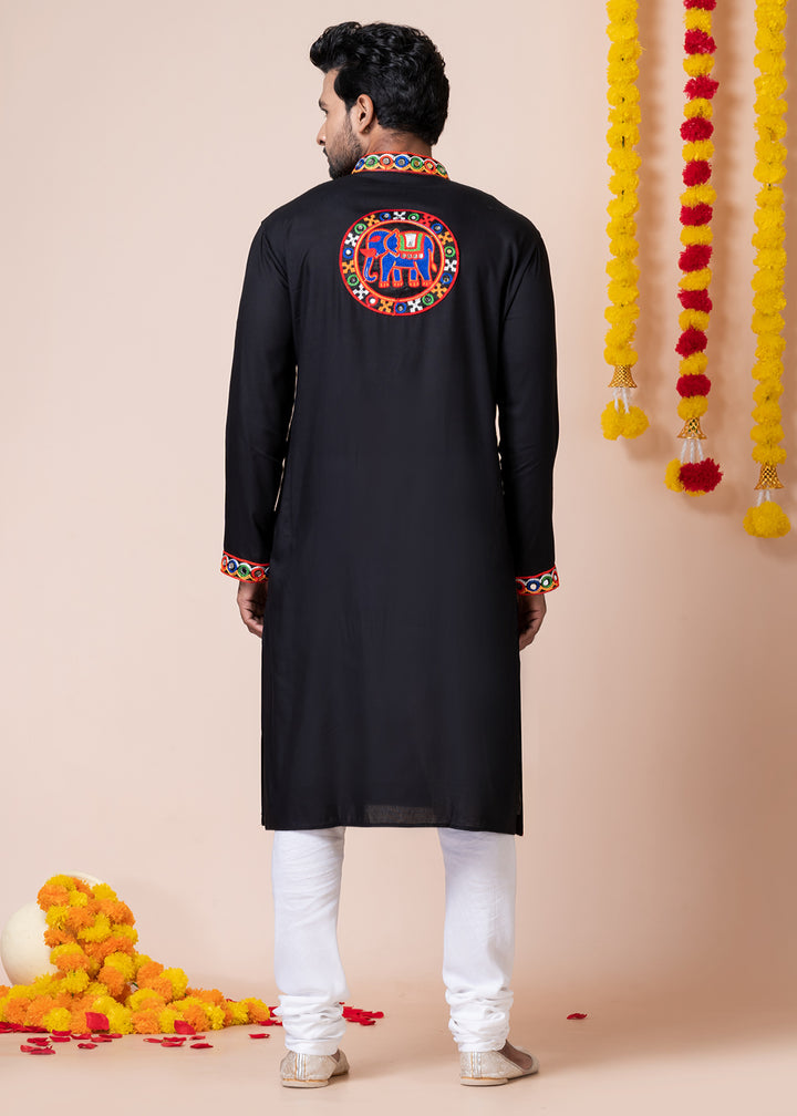 Sable Black Heritage Collection Heavy Rayon Kurta Pyjama with Divine Elephant  Back Embroidery &amp; Multicolor Border Detailing