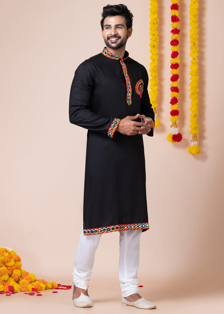 Sable Black Heritage Collection Heavy Rayon Kurta Pyjama with Divine Elephant  Back Embroidery &amp; Multicolor Border Detailing