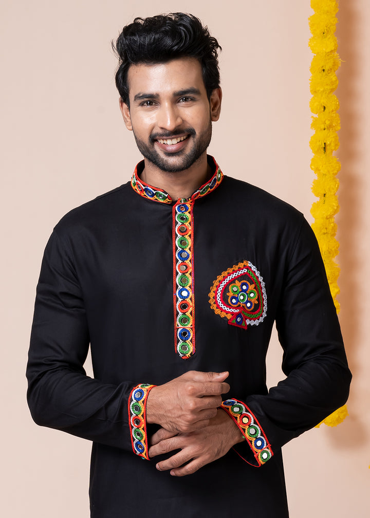 Sable Black Heritage Collection Heavy Rayon Kurta Pyjama with Divine Elephant  Back Embroidery &amp; Multicolor Border Detailing