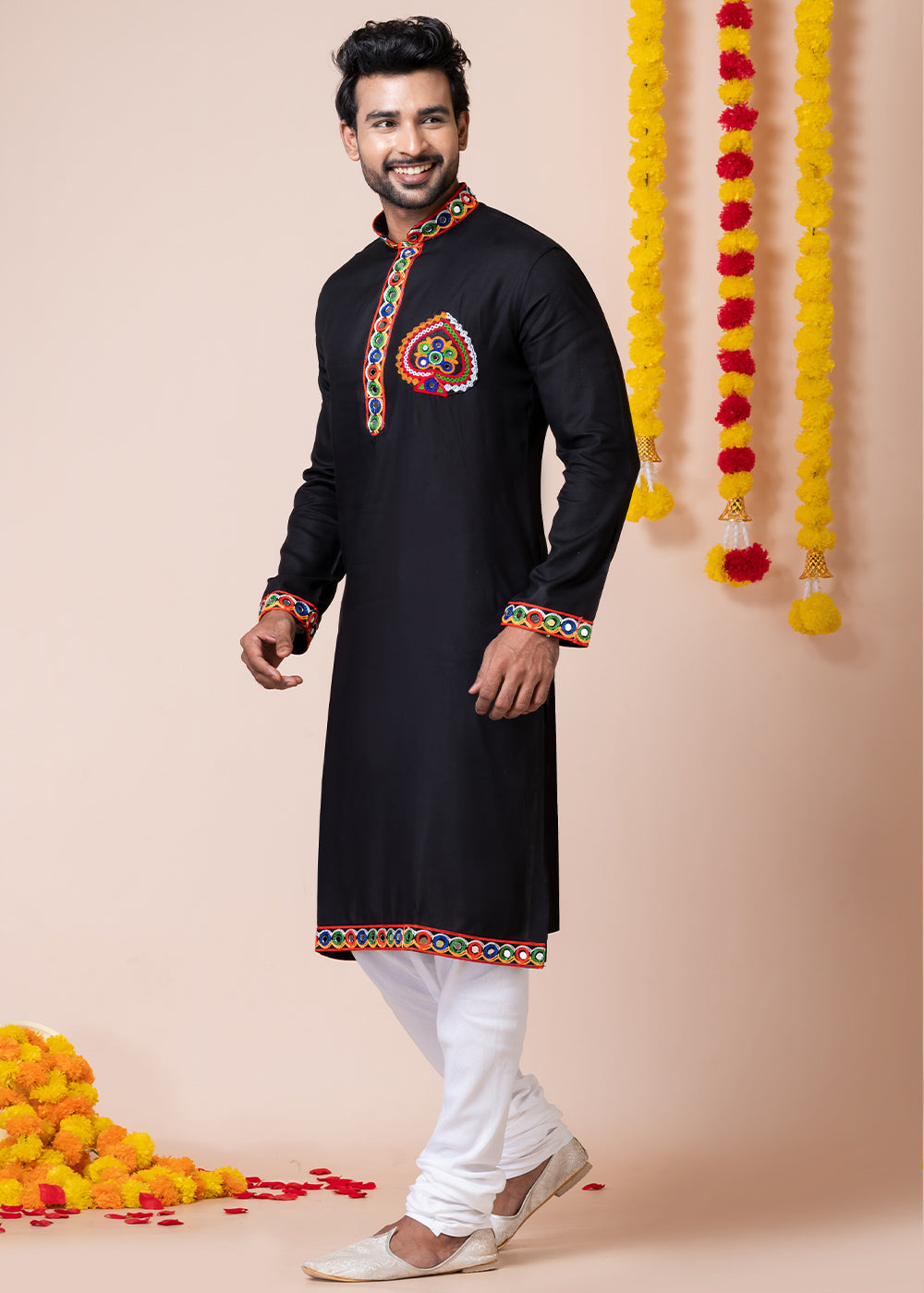 Sable Black Heritage Collection Heavy Rayon Kurta Pyjama with Divine Elephant  Back Embroidery &amp; Multicolor Border Detailing