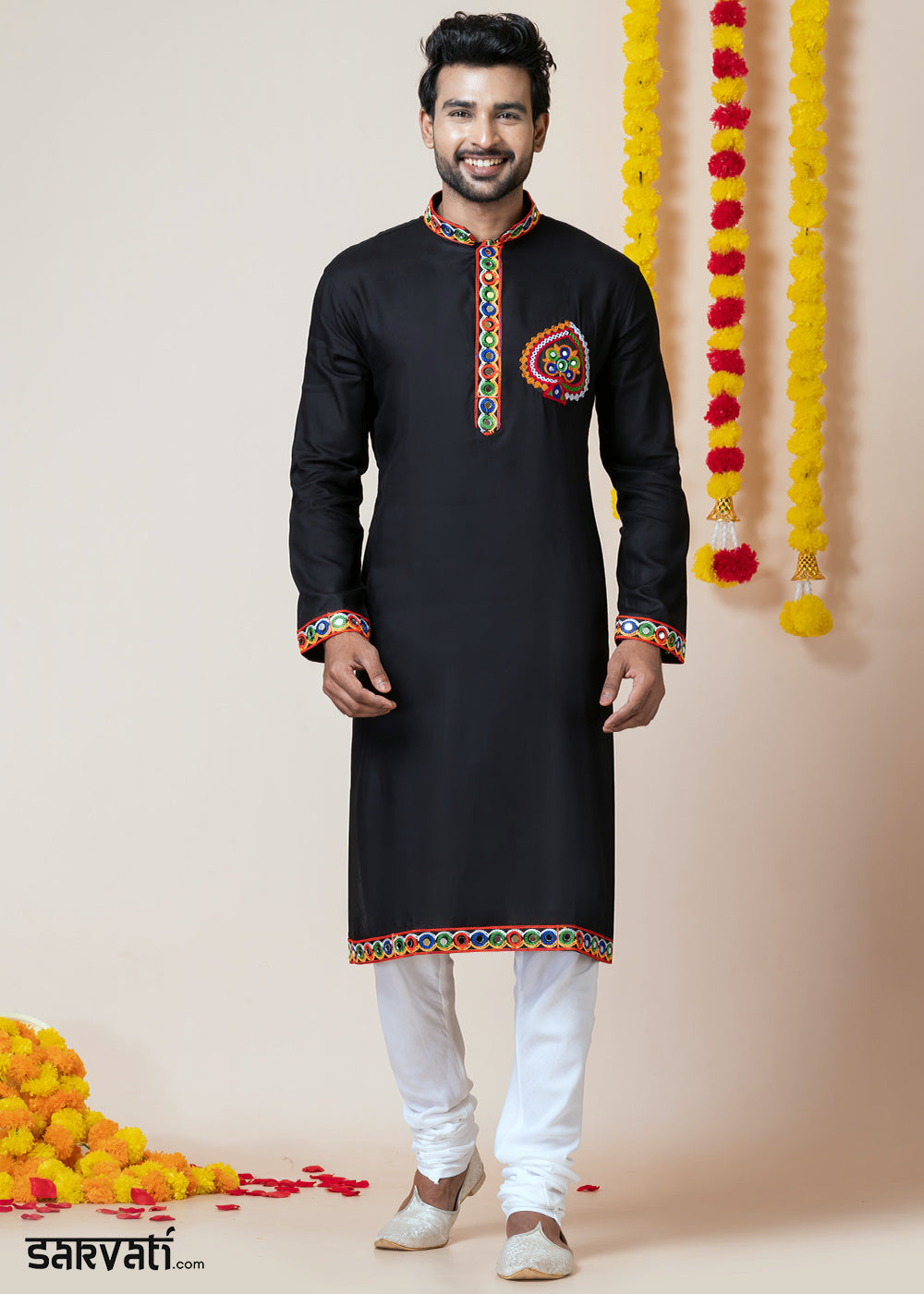 Sable Black Heritage Collection Heavy Rayon Kurta Pyjama with Divine Elephant  Back Embroidery &amp; Multicolor Border Detailing