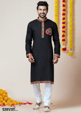 Sable Black Heritage Collection Heavy Rayon Kurta Pyjama with Divine Elephant  Back Embroidery & Multicolor Border Detailing
