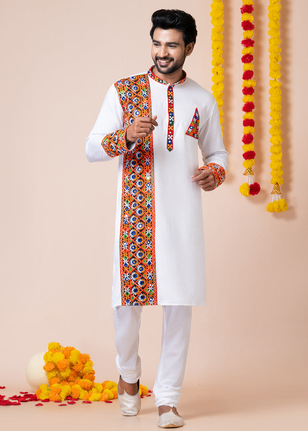 White Heritage Collection Heavy Rayon Kurta Pyjama with Divine Ganesh Back Embroidery &amp; Multicolor Border Detailing