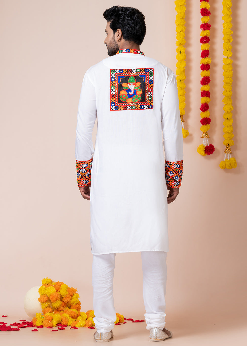 White Heritage Collection Heavy Rayon Kurta Pyjama with Divine Ganesh Back Embroidery &amp; Multicolor Border Detailing