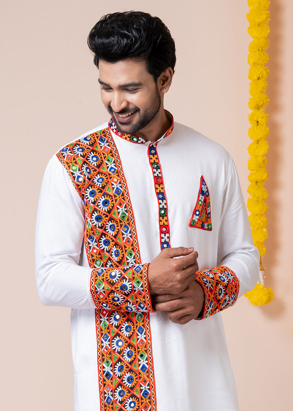 White Heritage Collection Heavy Rayon Kurta Pyjama with Divine Ganesh Back Embroidery &amp; Multicolor Border Detailing