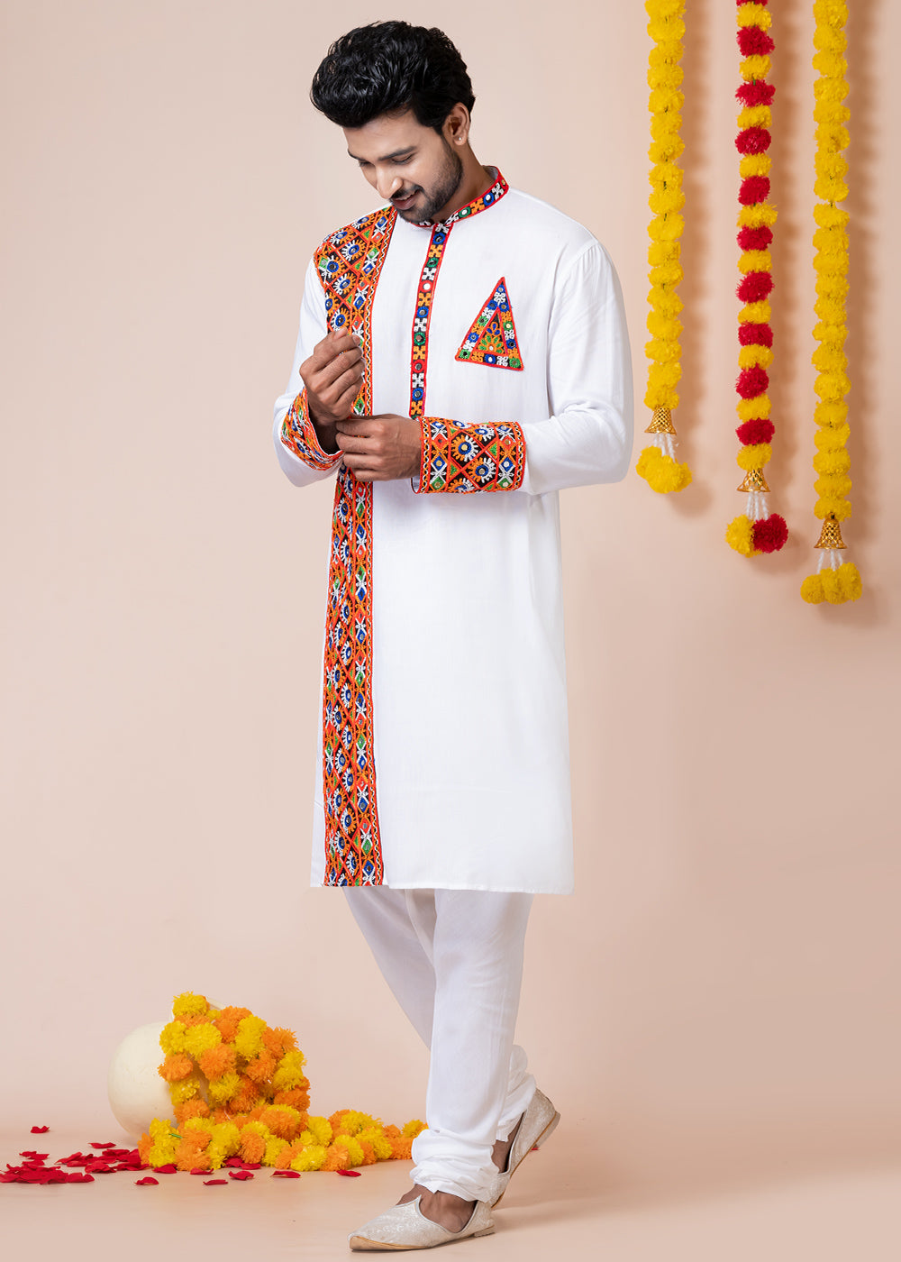 White Heritage Collection Heavy Rayon Kurta Pyjama with Divine Ganesh Back Embroidery &amp; Multicolor Border Detailing