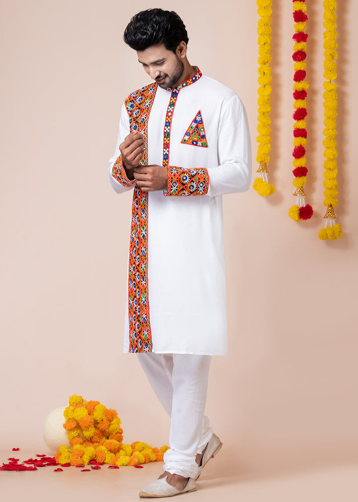 White Heritage Collection Heavy Rayon Kurta Pyjama with Divine Ganesh Back Embroidery &amp; Multicolor Border Detailing