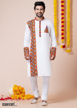 White Heritage Collection Heavy Rayon Kurta Pyjama with Divine Ganesh Back Embroidery & Multicolor Border Detailing