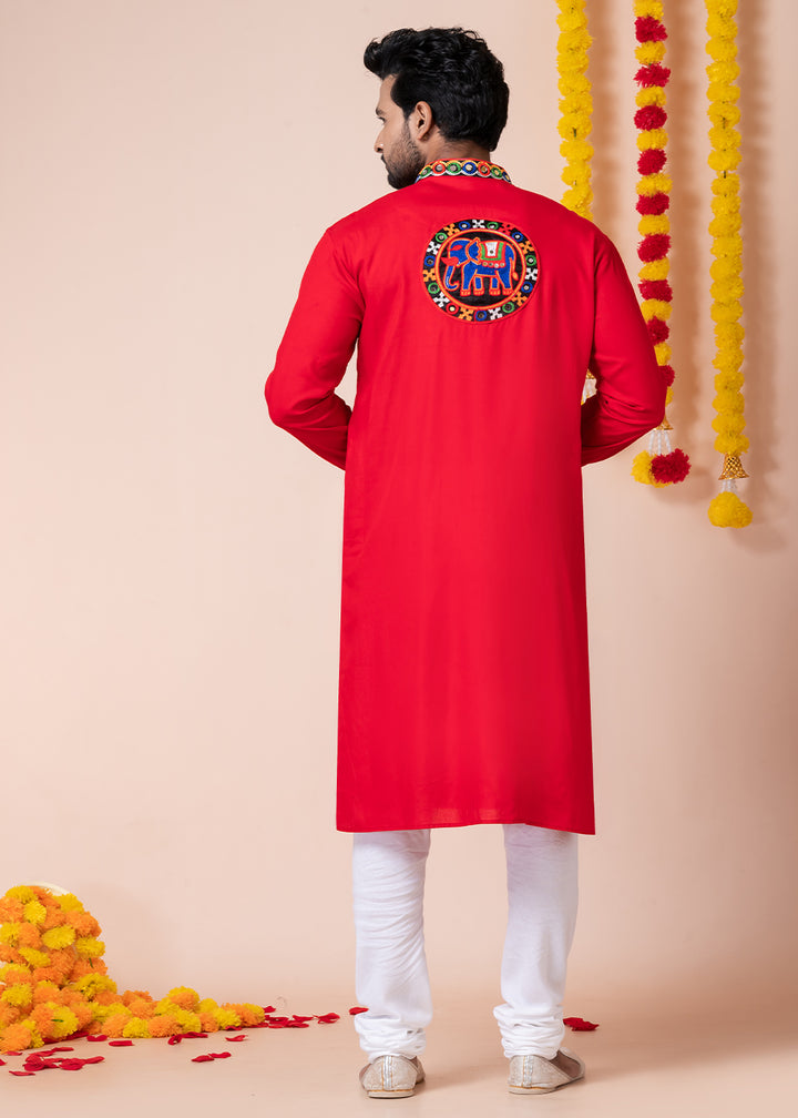 Red Heritage Collection Heavy Rayon Kurta Pyjama with Divine Elephant  Back Embroidery &amp; Multicolor Border Detailing