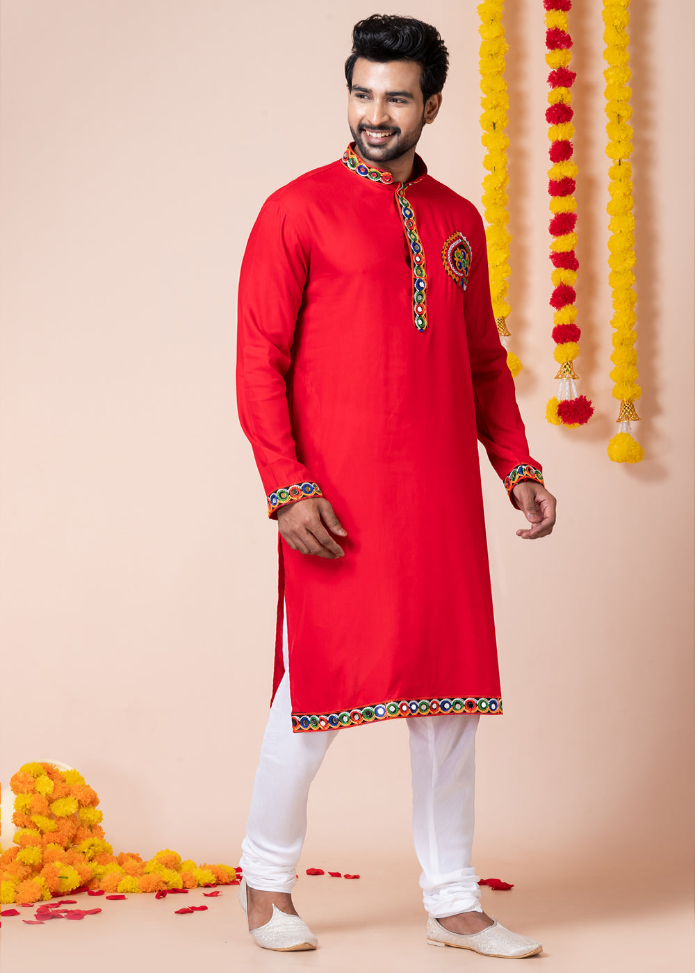 Red Heritage Collection Heavy Rayon Kurta Pyjama with Divine Elephant  Back Embroidery &amp; Multicolor Border Detailing