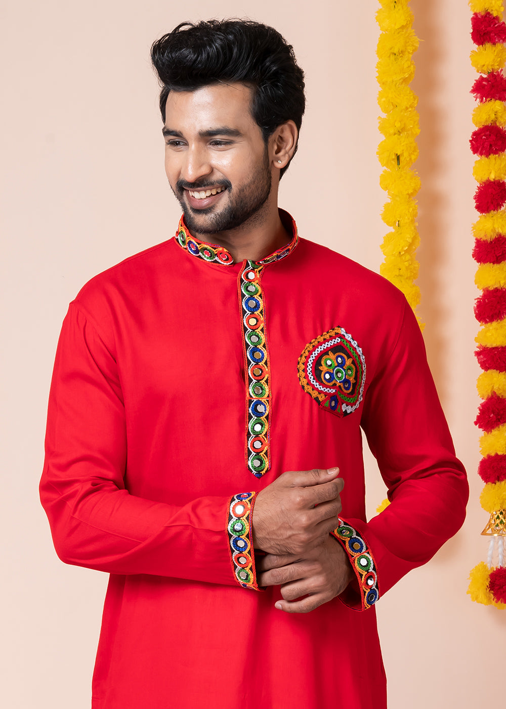 Red Heritage Collection Heavy Rayon Kurta Pyjama with Divine Elephant  Back Embroidery &amp; Multicolor Border Detailing