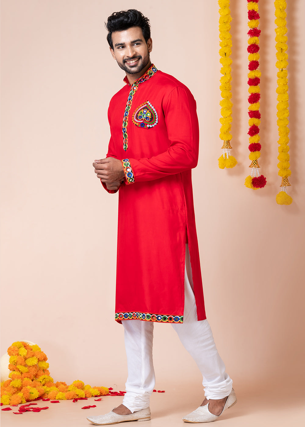 Red Heritage Collection Heavy Rayon Kurta Pyjama with Divine Elephant  Back Embroidery &amp; Multicolor Border Detailing