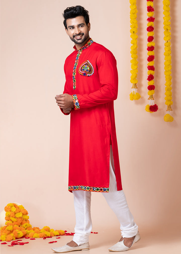 Red Heritage Collection Heavy Rayon Kurta Pyjama with Divine Elephant  Back Embroidery &amp; Multicolor Border Detailing