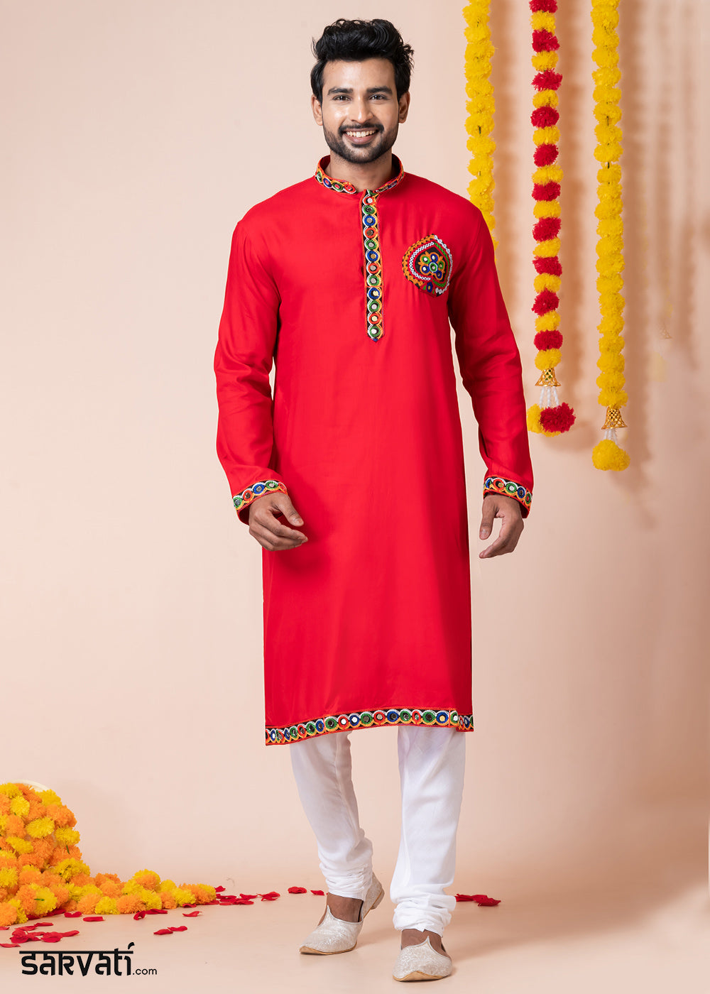 Red Heritage Collection Heavy Rayon Kurta Pyjama with Divine Elephant  Back Embroidery &amp; Multicolor Border Detailing