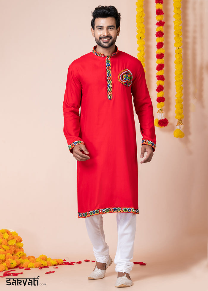 Red Heritage Collection Heavy Rayon Kurta Pyjama with Divine Elephant  Back Embroidery & Multicolor Border Detailing