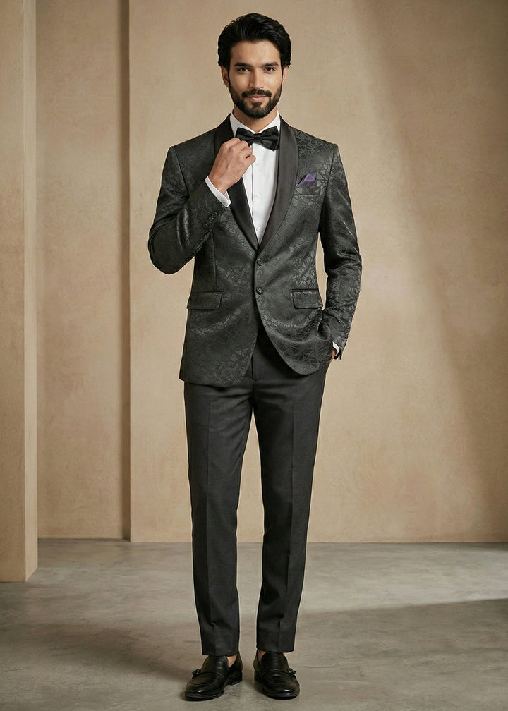 Charcoal Black Premium Jacquard Blazer with Satin Shawl Collar