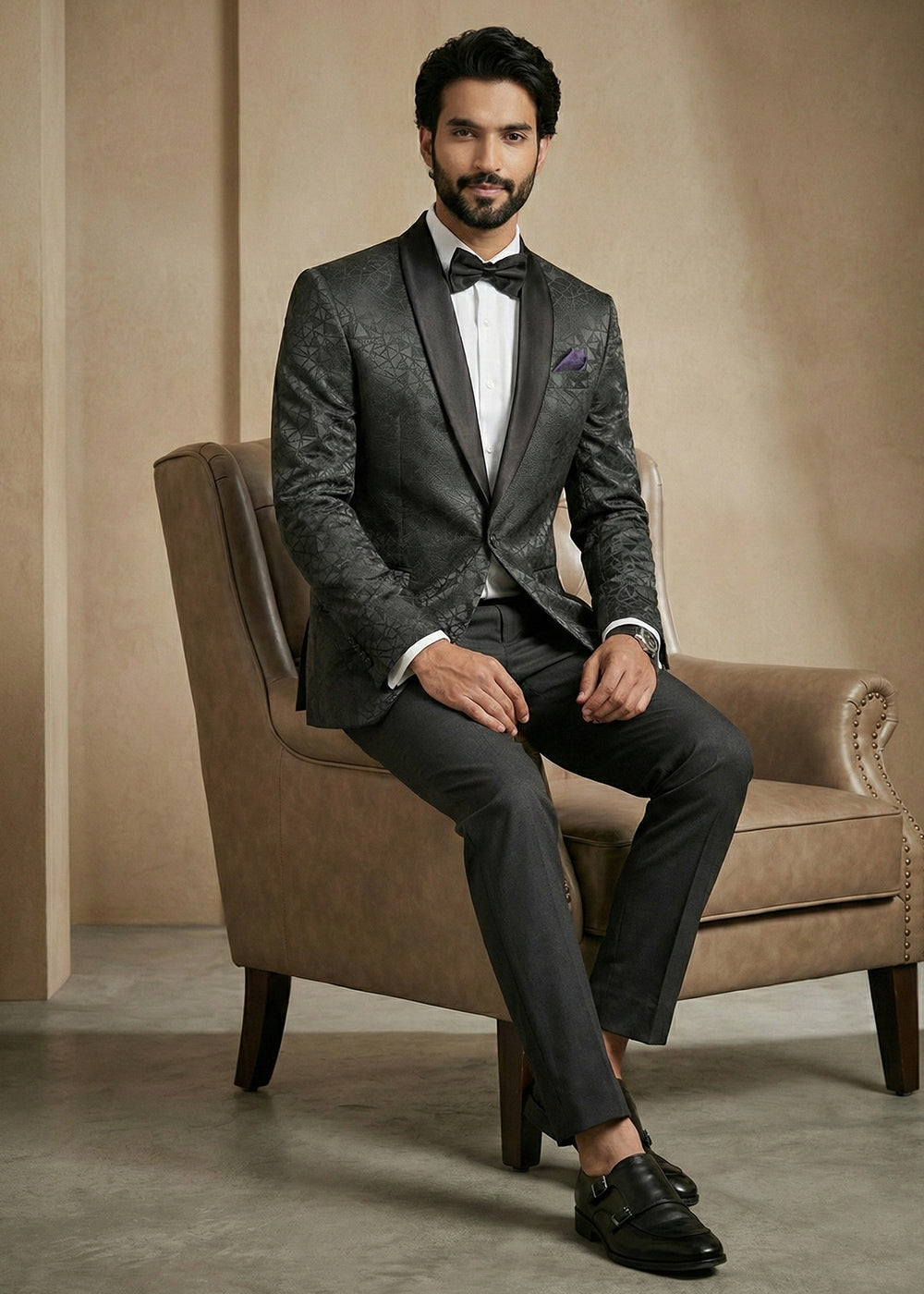 Charcoal Black Premium Jacquard Blazer with Satin Shawl Collar