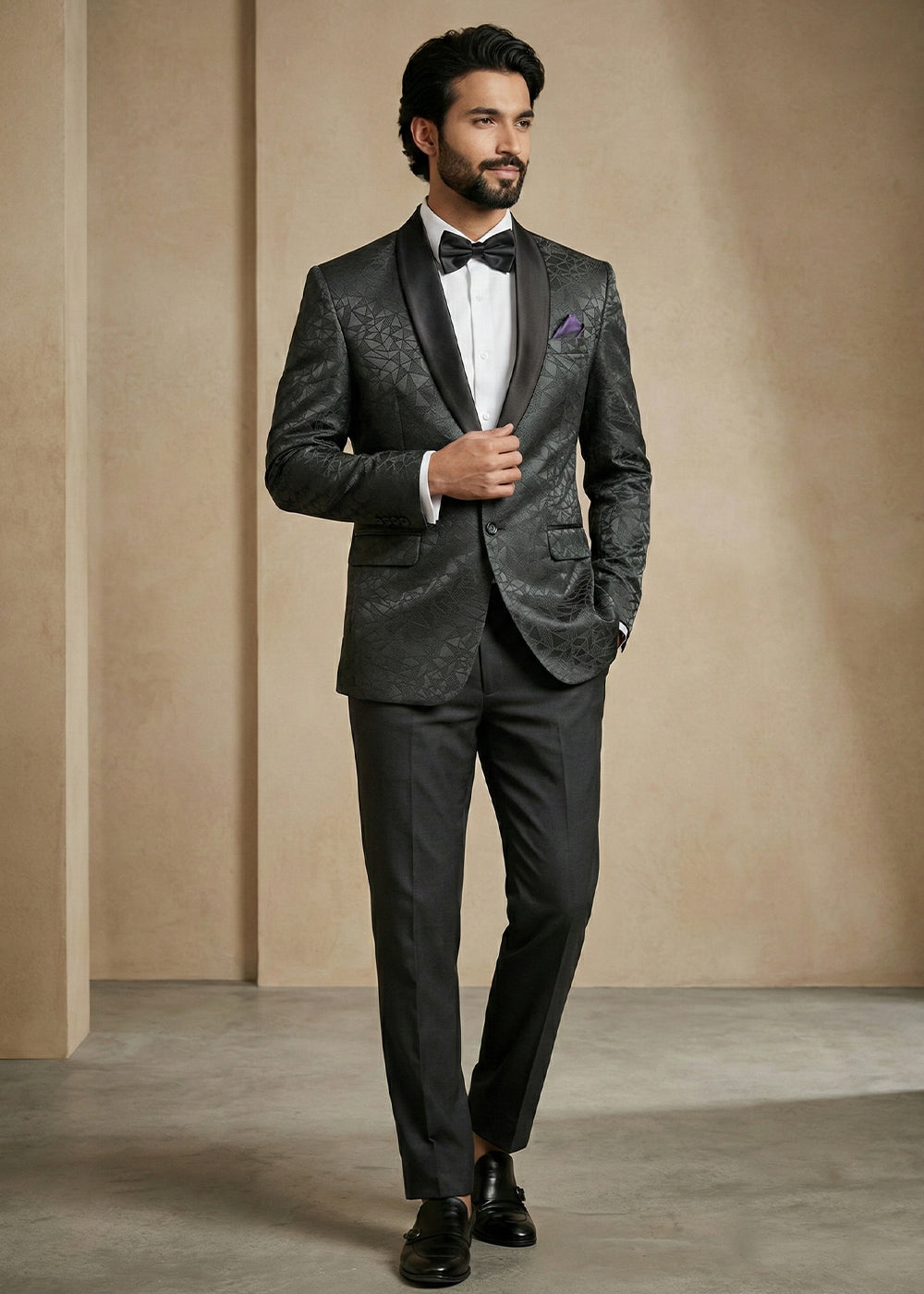 Charcoal Black Premium Jacquard Blazer with Satin Shawl Collar
