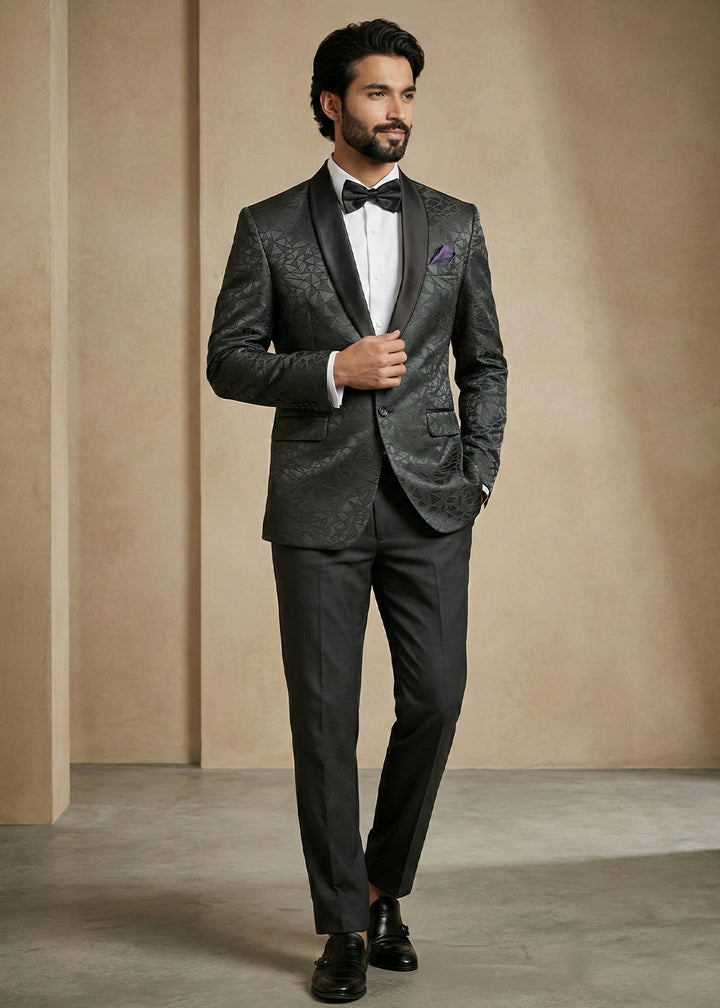 Charcoal Black Premium Jacquard Blazer with Satin Shawl Collar