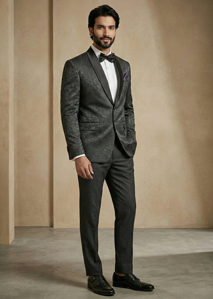 Charcoal Black Premium Jacquard Blazer with Satin Shawl Collar
