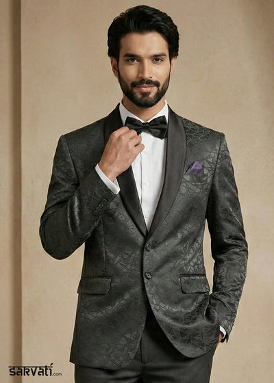 Charcoal Black Premium Jacquard Blazer with Satin Shawl Collar