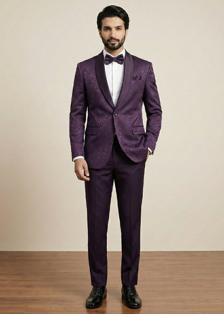 Plum Purple Premium Jacquard Blazer with Satin Shawl Collar