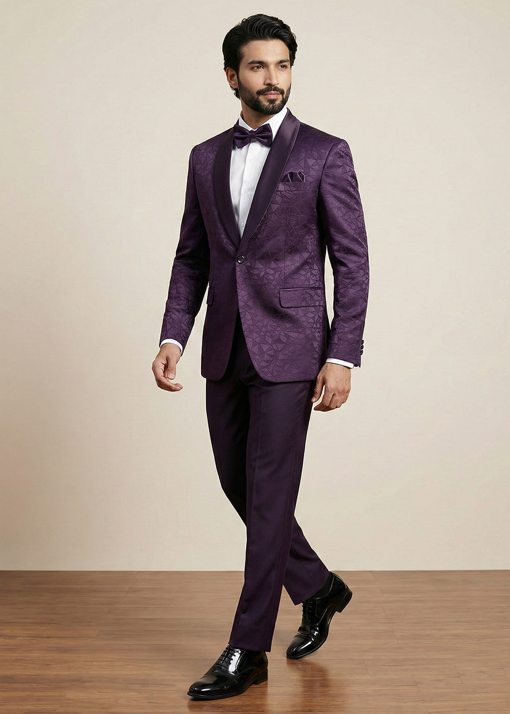 Plum Purple Premium Jacquard Blazer with Satin Shawl Collar