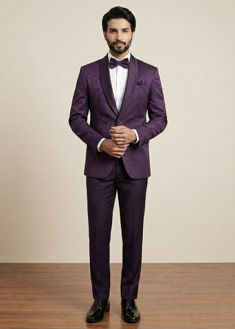 Plum Purple Premium Jacquard Blazer with Satin Shawl Collar