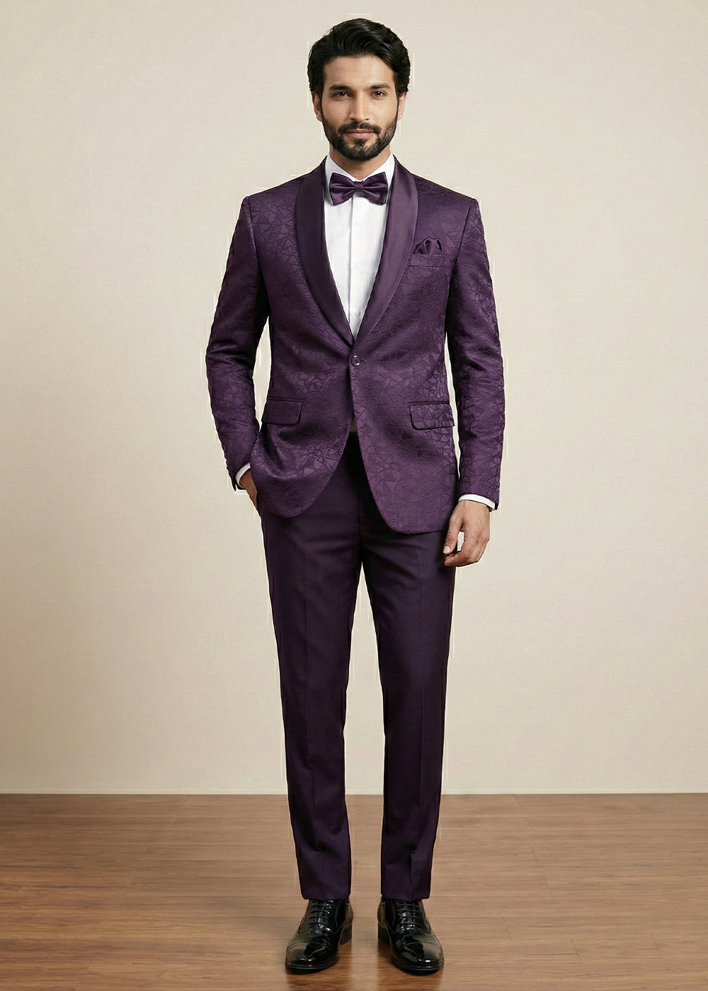Plum Purple Premium Jacquard Blazer with Satin Shawl Collar