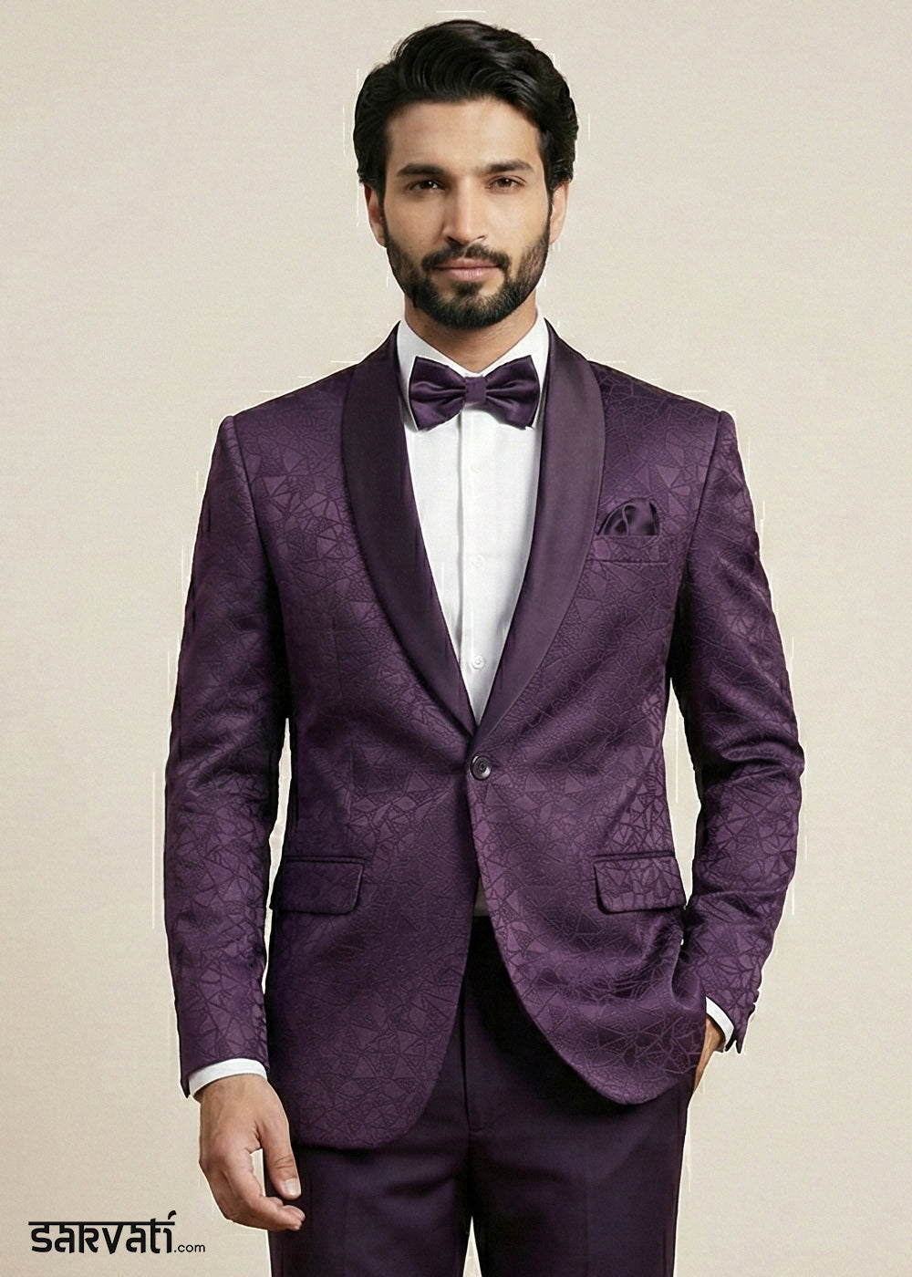 Plum Purple Premium Jacquard Blazer with Satin Shawl Collar