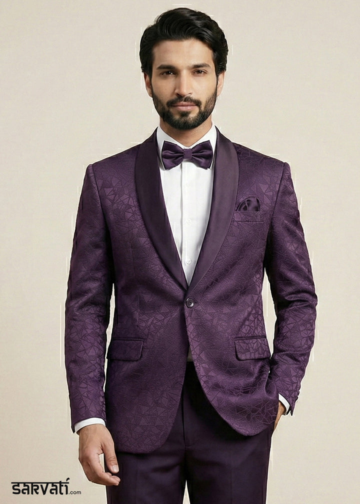 Plum Purple Premium Jacquard Blazer with Satin Shawl Collar