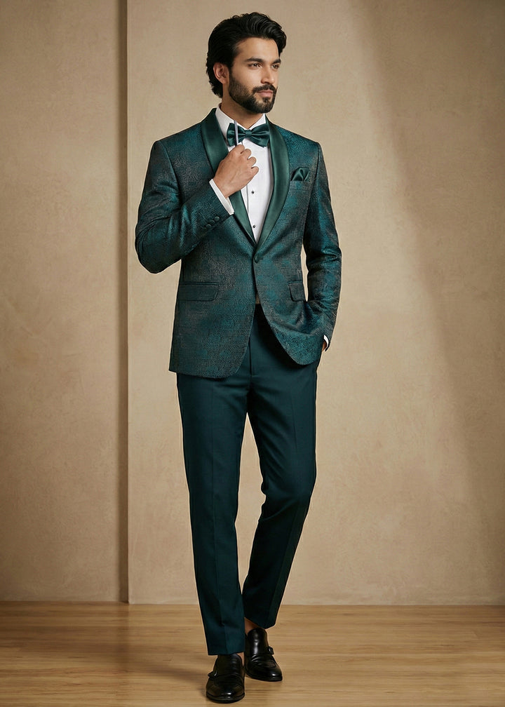 Deep Teal Green Premium Jacquard Blazer with Satin Shawl Collar