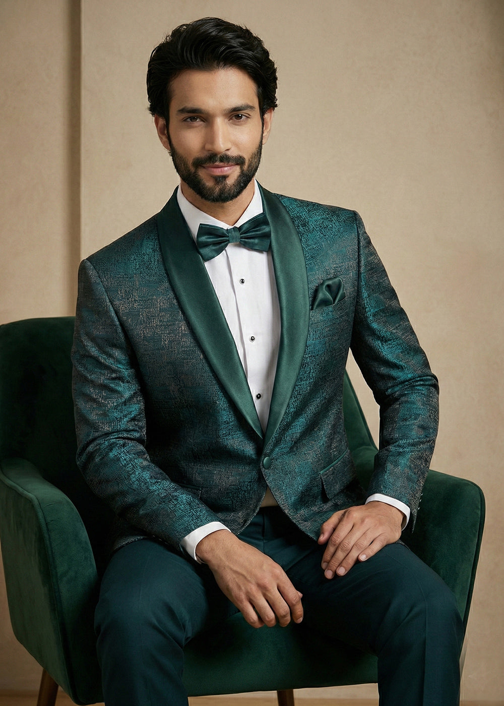 Deep Teal Green Premium Jacquard Blazer with Satin Shawl Collar