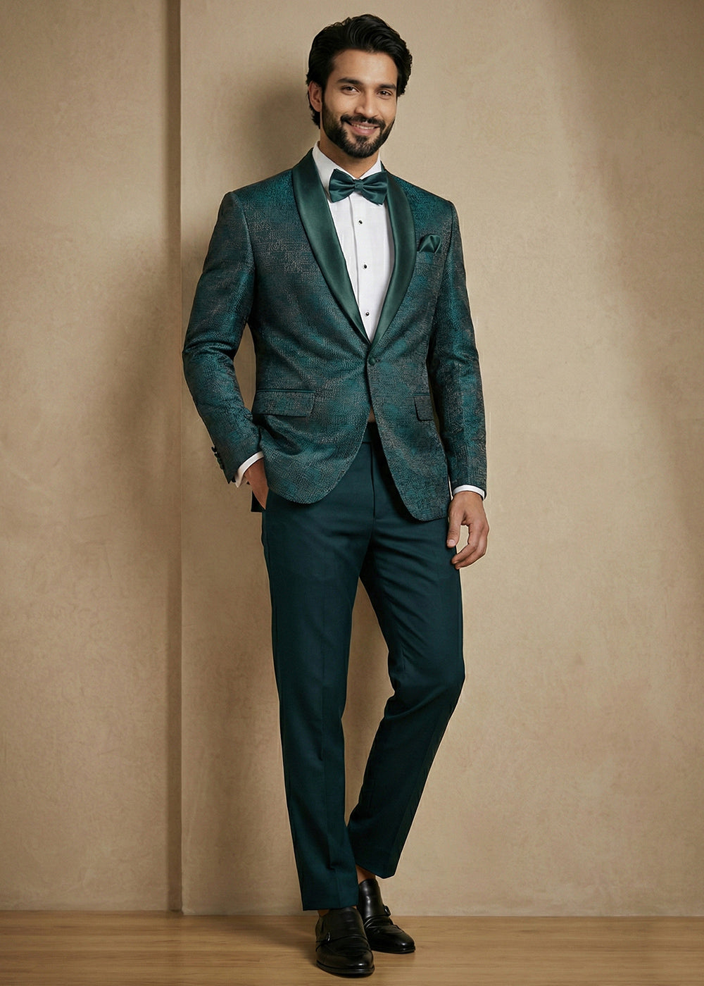 Deep Teal Green Premium Jacquard Blazer with Satin Shawl Collar