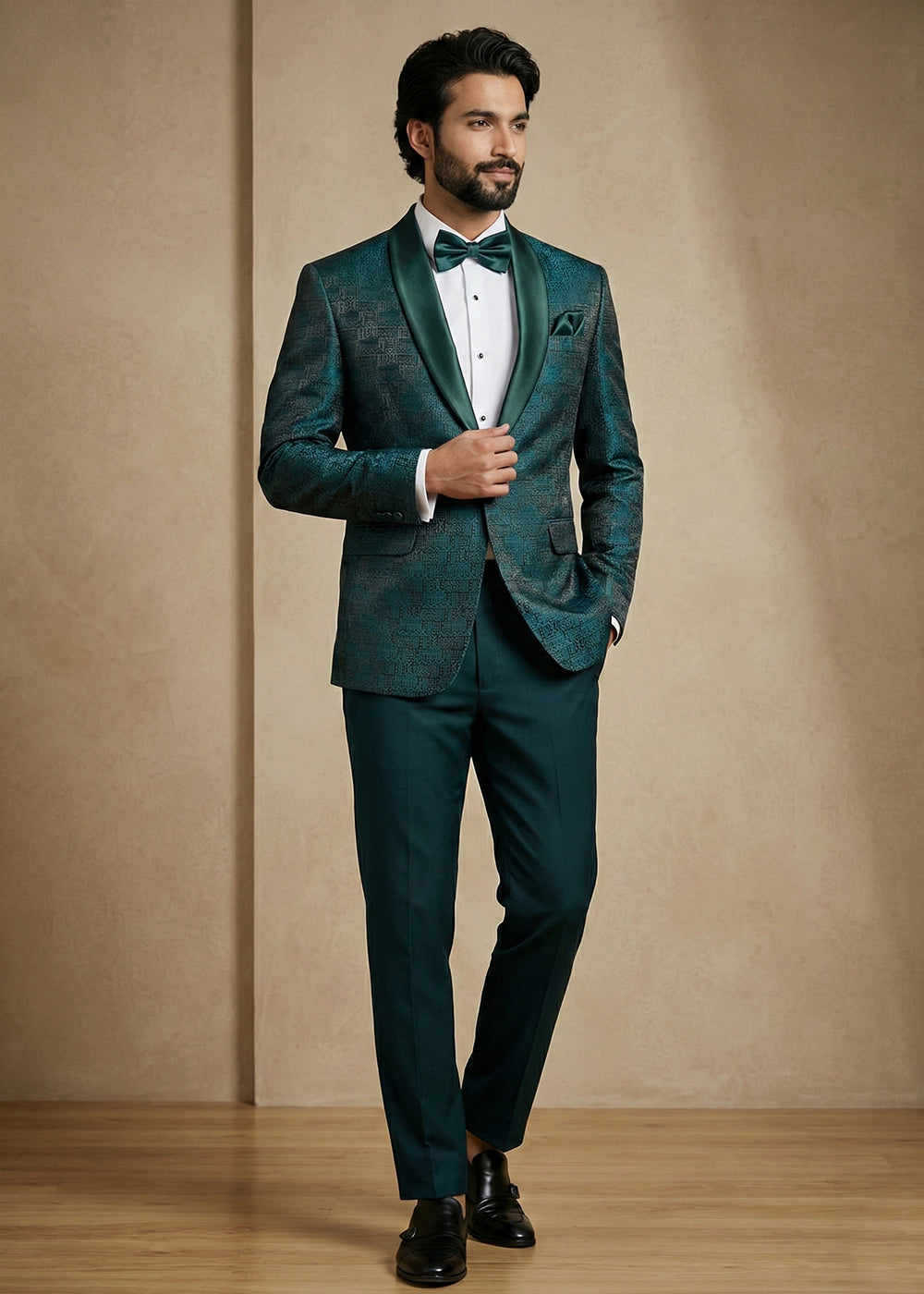 Deep Teal Green Premium Jacquard Blazer with Satin Shawl Collar