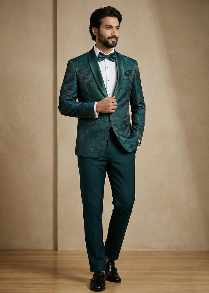 Deep Teal Green Premium Jacquard Blazer with Satin Shawl Collar