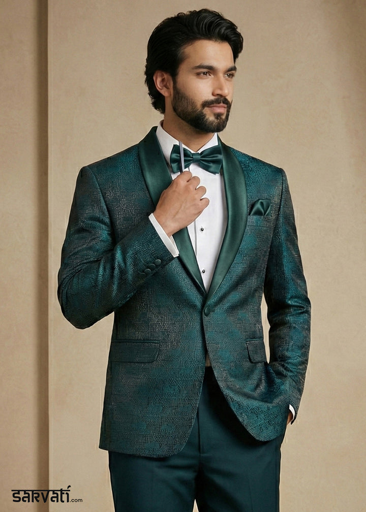 Deep Teal Green Premium Jacquard Blazer with Satin Shawl Collar