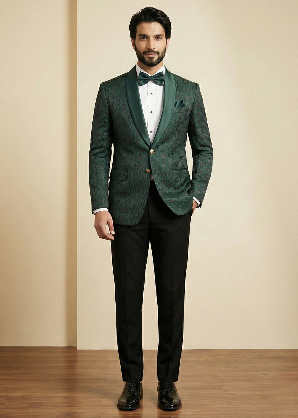 Bottle Green Premium Jacquard Blazer with Satin Shawl Collar