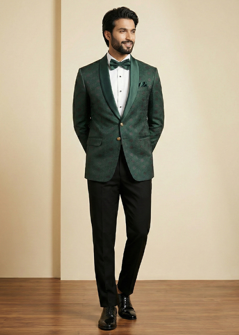 Bottle Green Premium Jacquard Blazer with Satin Shawl Collar