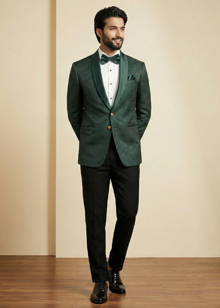 Bottle Green Premium Jacquard Blazer with Satin Shawl Collar