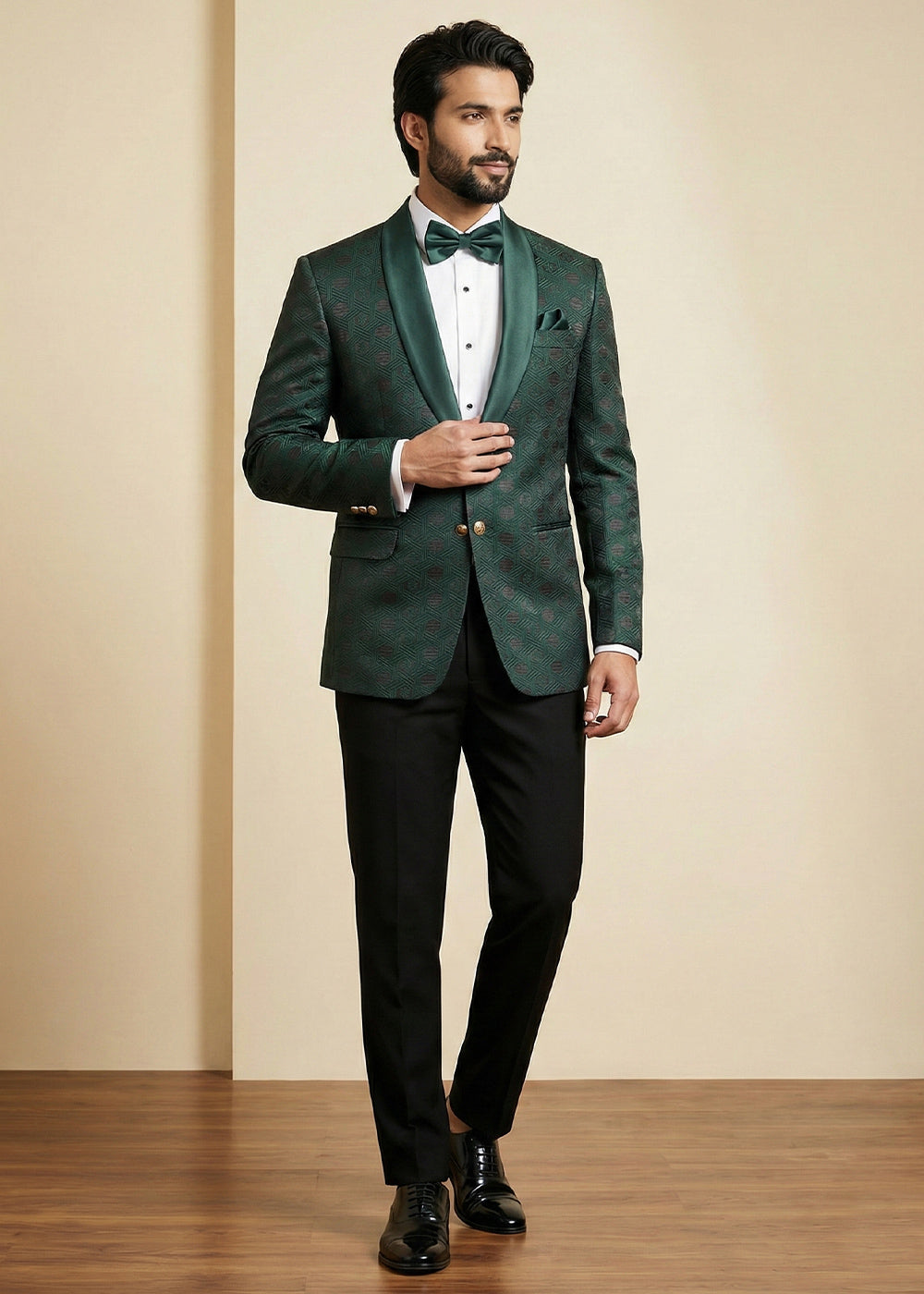 Bottle Green Premium Jacquard Blazer with Satin Shawl Collar