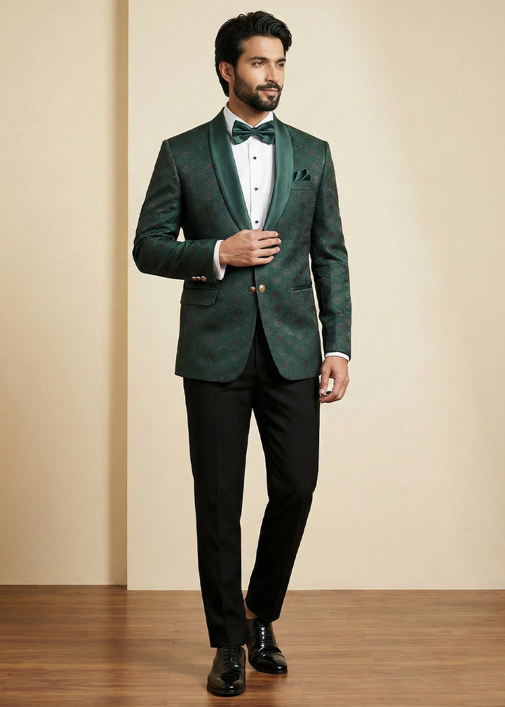 Bottle Green Premium Jacquard Blazer with Satin Shawl Collar