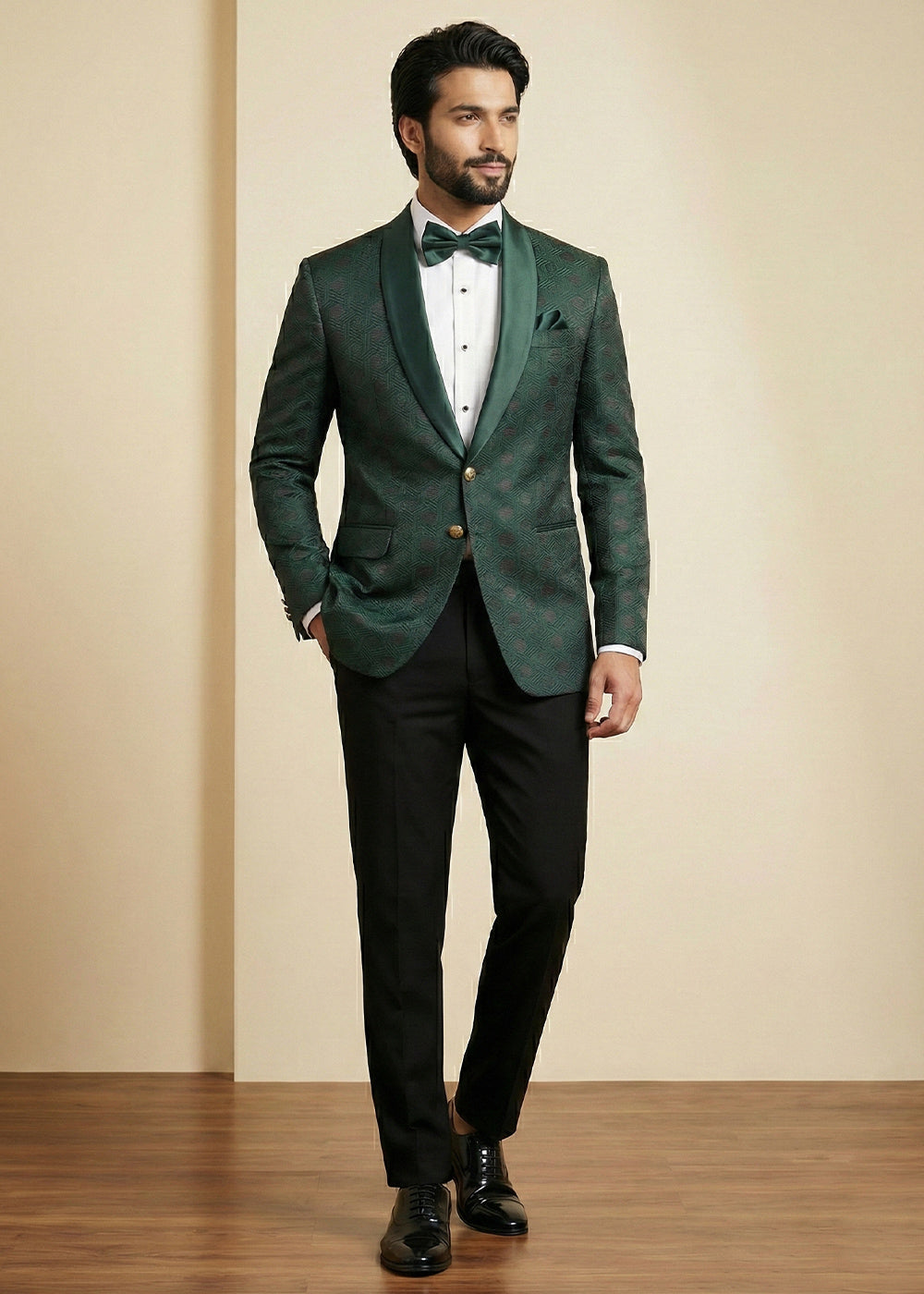 Bottle Green Premium Jacquard Blazer with Satin Shawl Collar