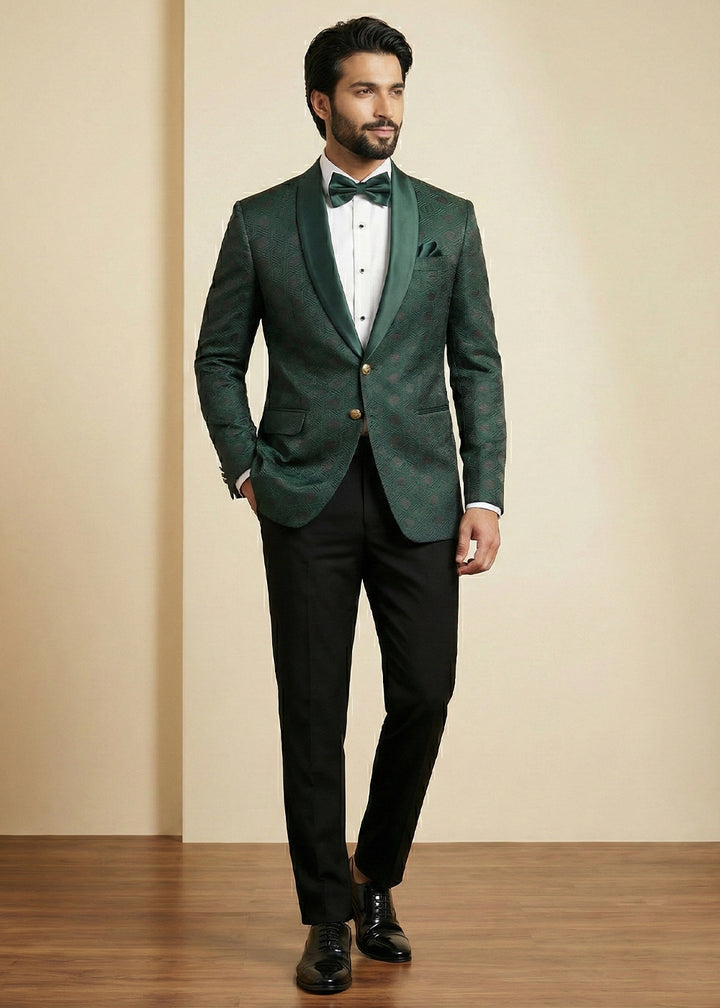 Bottle Green Premium Jacquard Blazer with Satin Shawl Collar