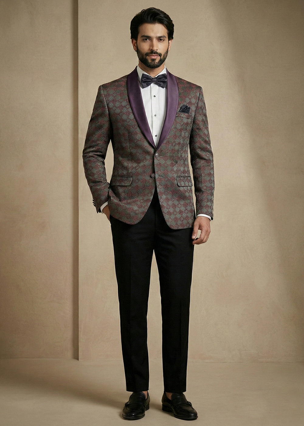 Grey & Wine Premium Jacquard Blazer with Satin Shawl Collar