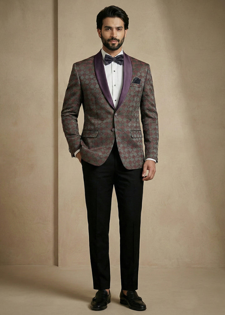 Grey & Wine Premium Jacquard Blazer with Satin Shawl Collar