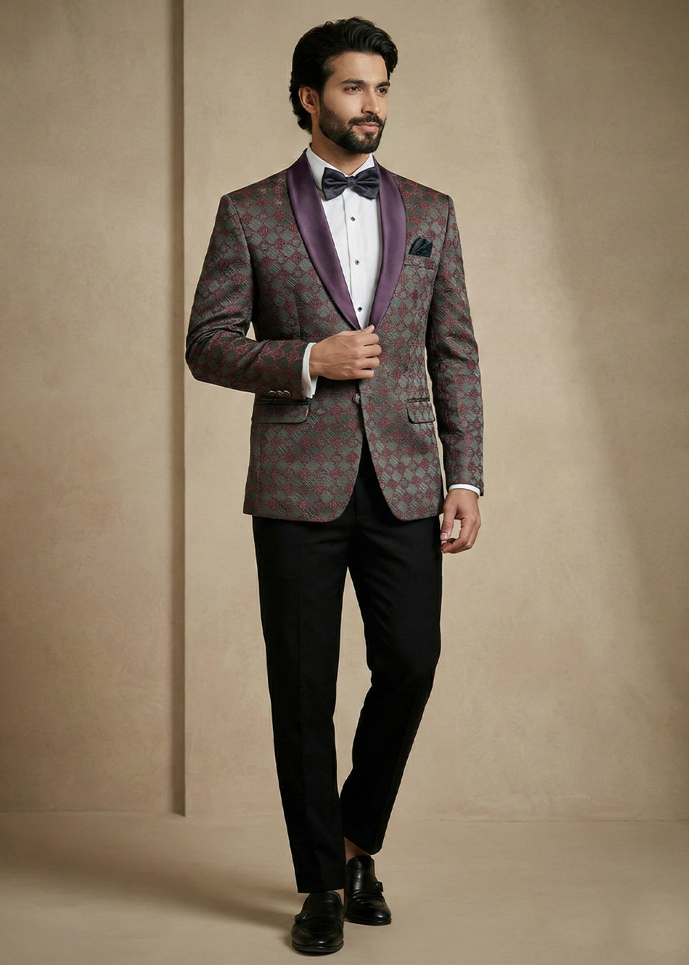 Grey & Wine Premium Jacquard Blazer with Satin Shawl Collar
