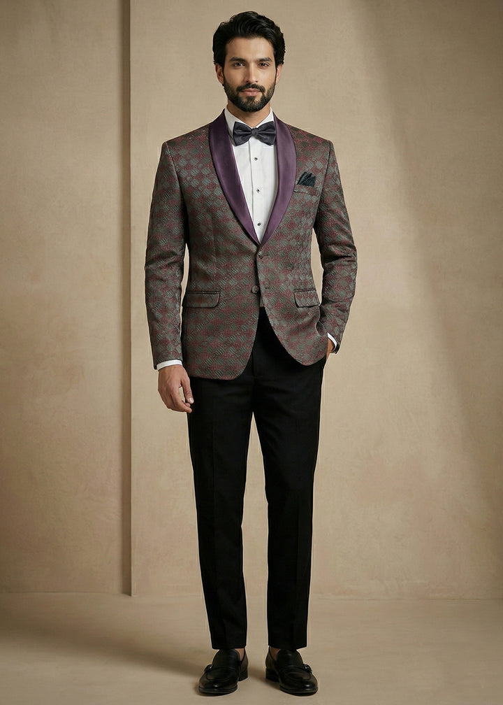 Grey & Wine Premium Jacquard Blazer with Satin Shawl Collar